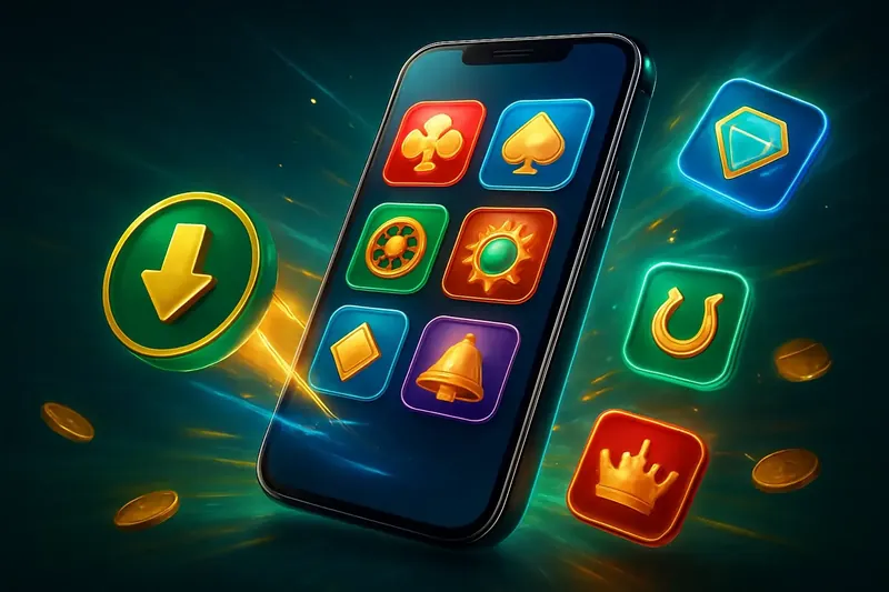 Glossy smartphone casino app banner with neon download effects