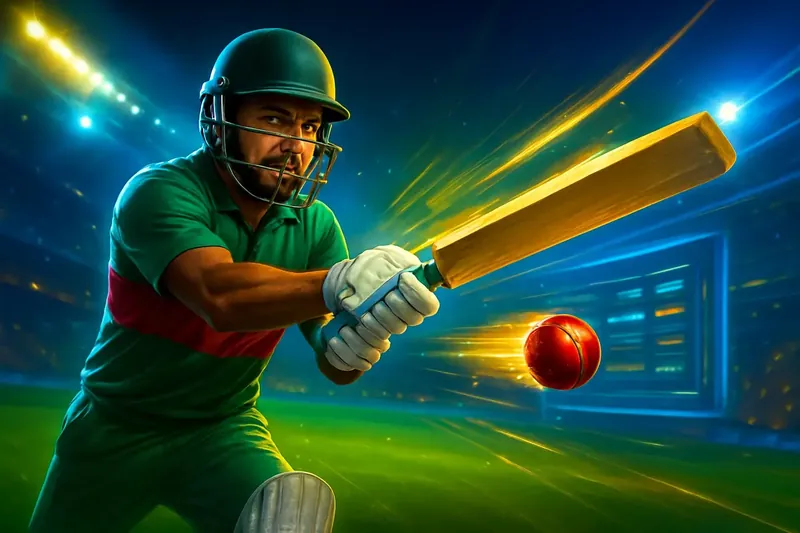 Cricket Sportsbook Action Cricket batter striking ball under stadium lights for sportsbook banner