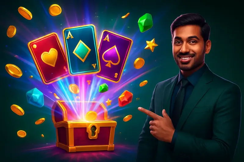 Reward Chest Burst Glowing reward chest with cards, coins, gems, and stars bursting out