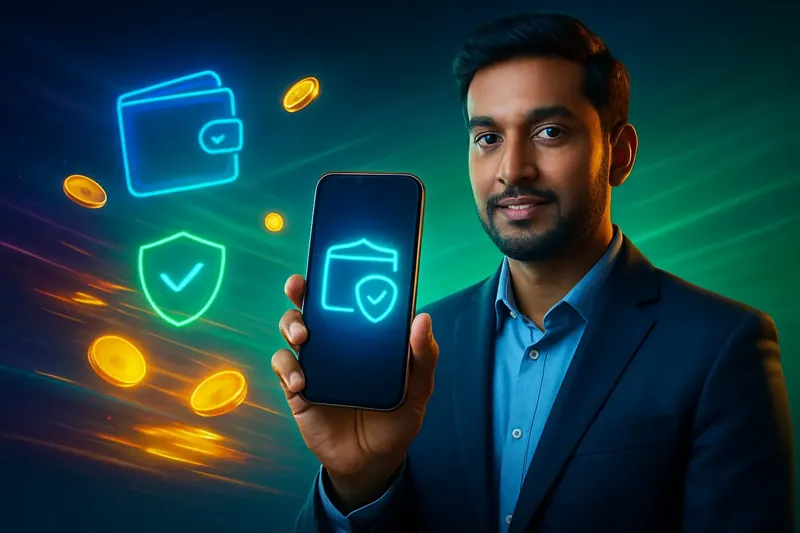 Hand holding smartphone with secure mobile wallet, coins, and speed light trails
