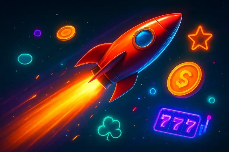 Rocket Speed Launch Glossy rocket launch casino banner with neon trail and game particles