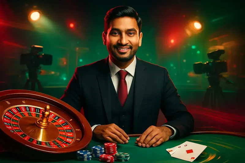 Friendly professional live dealer with roulette, cards, chips, and studio lights