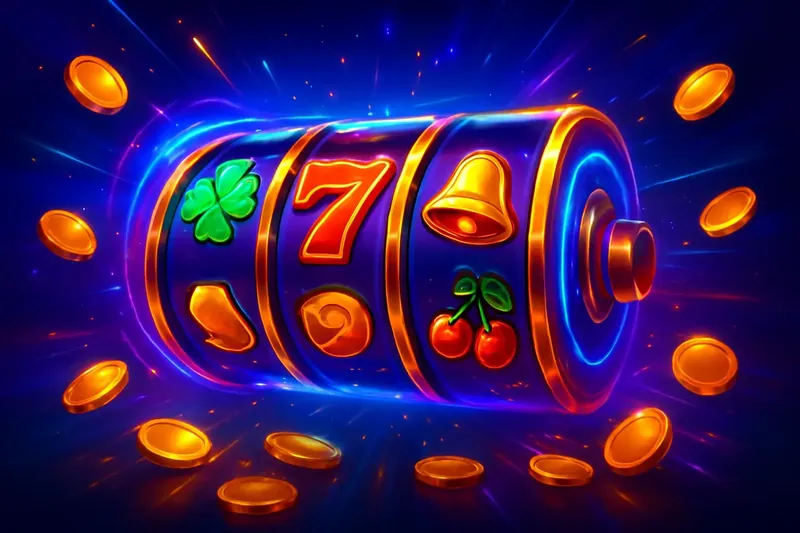 Explosive Slot Reels Colorful spinning slot machine reels with coins, sparkles, and neon glow